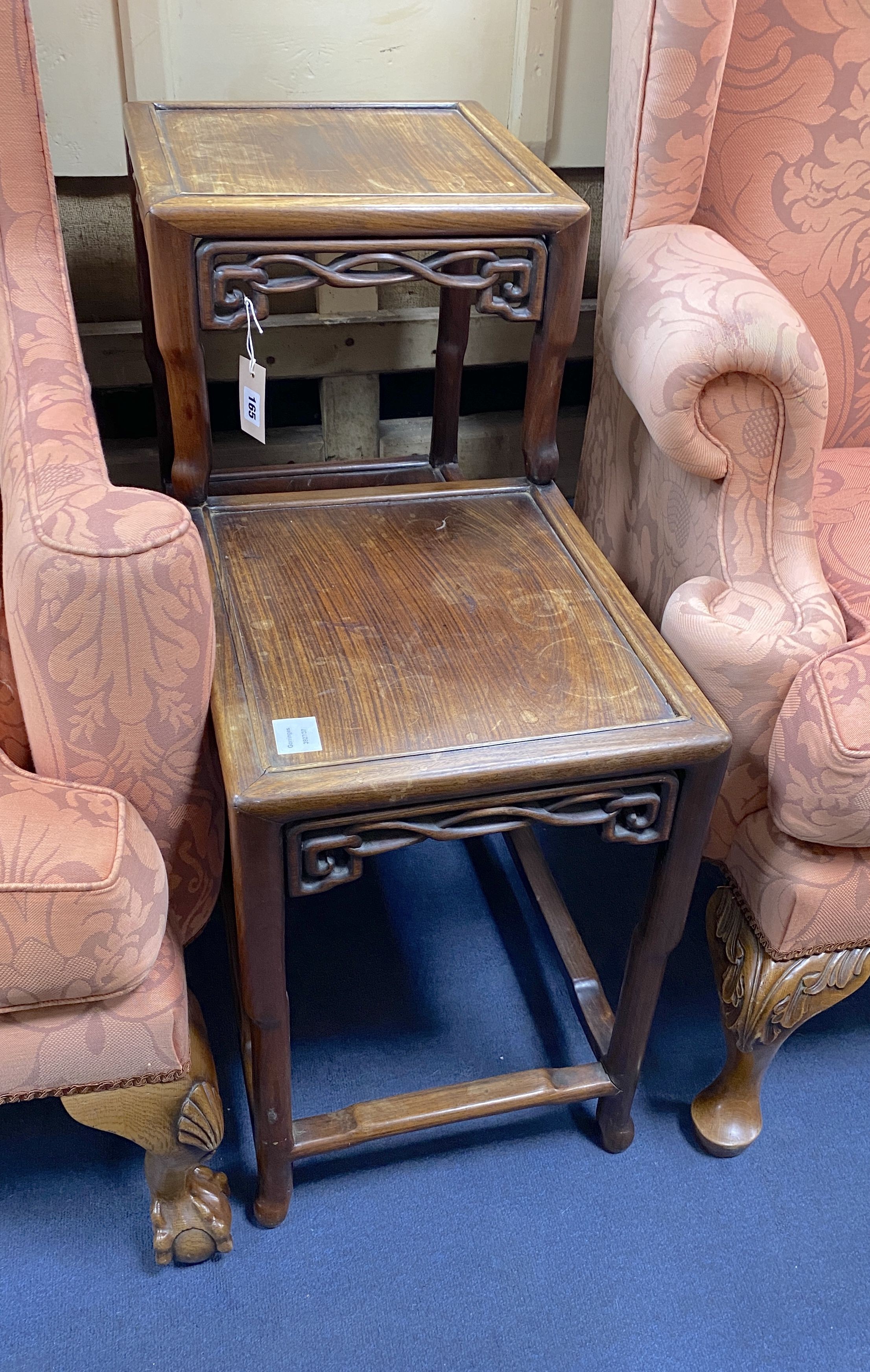 A Chinese hardwood two tier table, width 80cm, depth 38cm, height 80cm